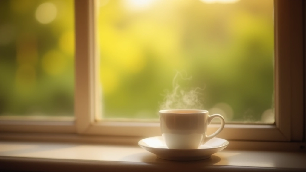 Café servi dans une tasse, près d'une fenêtre avec vue sur la nature et lumière douce