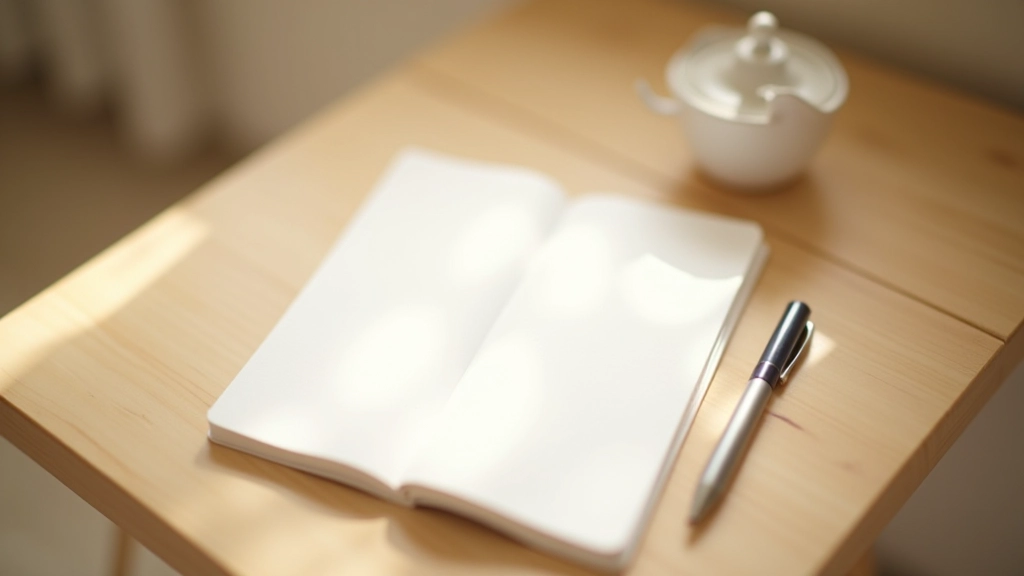 Mains tenant un journal ouvert avec un stylo, cahier placé sur une table en bois clair, ambiance calme et organisée