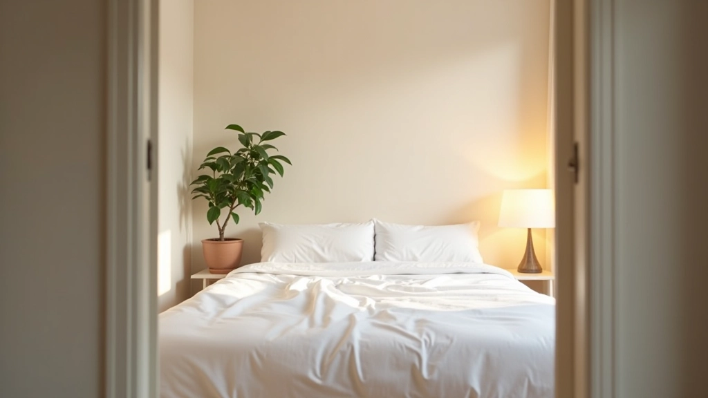 Chambre à coucher minimaliste avec lit fait, lumière tamisée et douce, plantes vertes, environnement calme et aéré