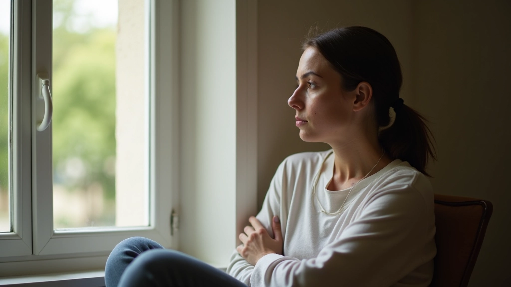 Personne en train de prendre une pause, regardant par la fenêtre avec une expression préoccupée, montrant l'aspect émotionnel du stress