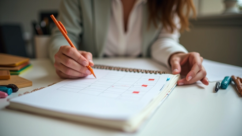Personne écrivant dans un agenda avec des marqueurs colorés, planification hebdomadaire sur un bureau organisé