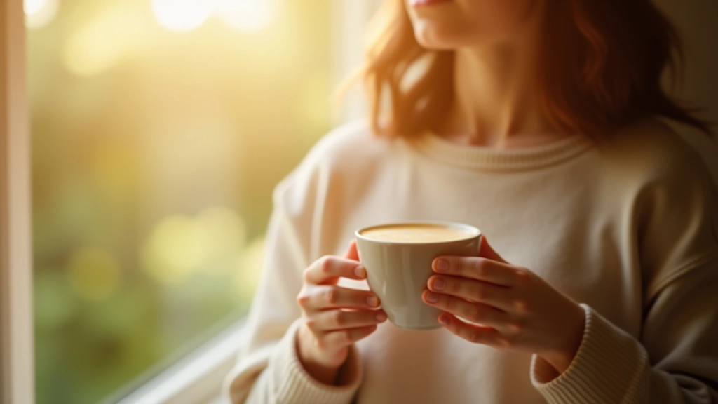 Personne regardant par la fenêtre le matin avec une boisson chaude, lumière naturelle douce