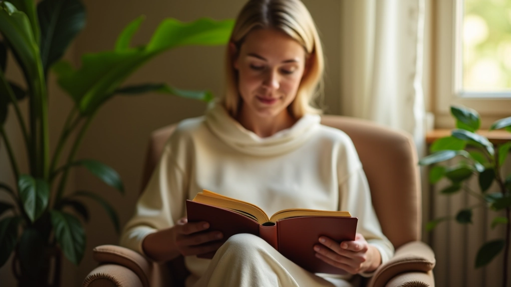 Personne lisant un livre confortablement installée dans un fauteuil près d'une plante