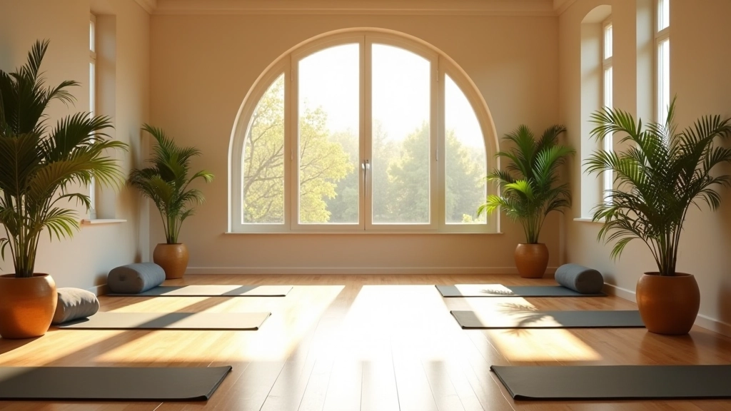 Espace de formation calme avec tapis de yoga, coussins et lumière naturelle douce par les fenêtres