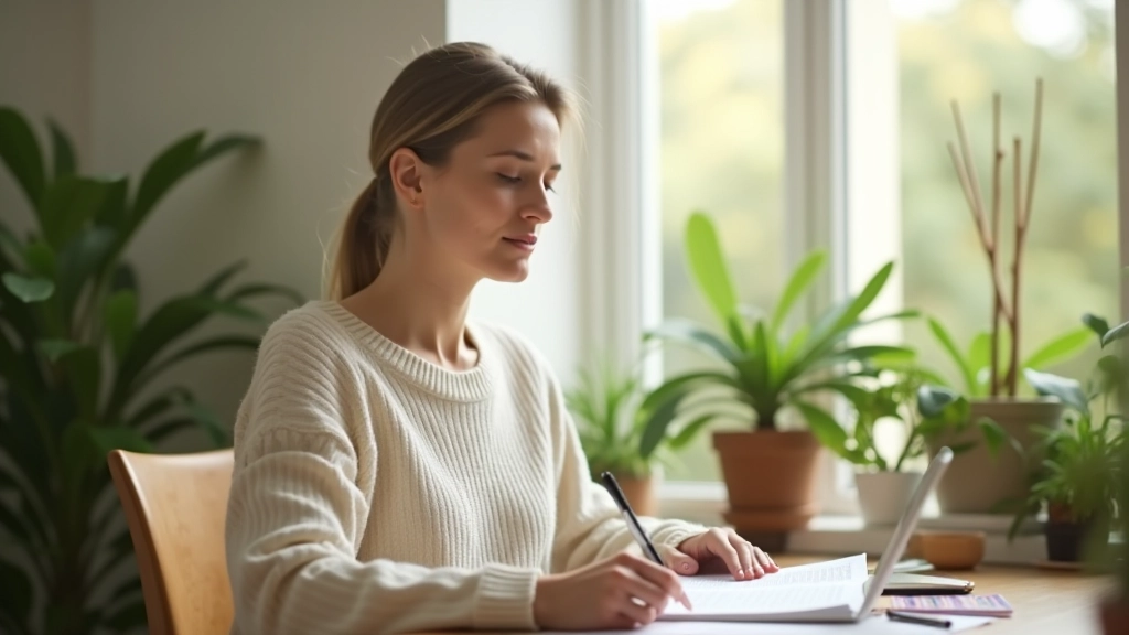 Femme pratiquant des exercices de respiration dans un espace calme avec plantes vertes