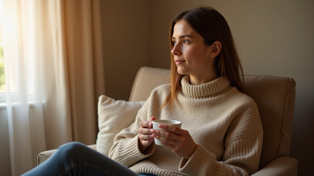 Femme assise confortablement dans un fauteuil avec une tasse de tisane, lumière douce et chaude, environnement calme et minimaliste