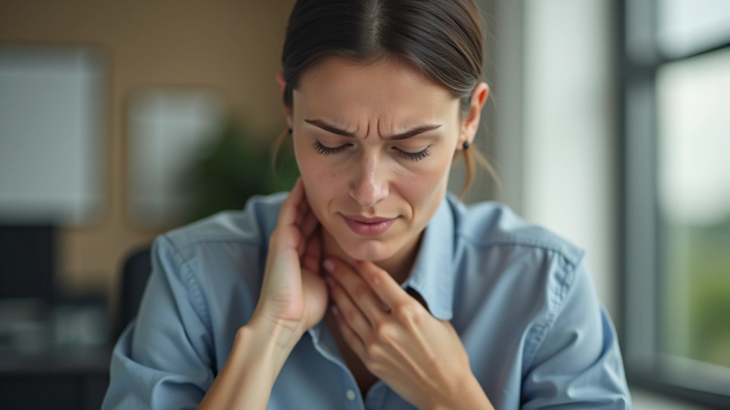 Femme assise au bureau avec une main sur le cou, montrant la tension musculaire liée au stress professionnel
