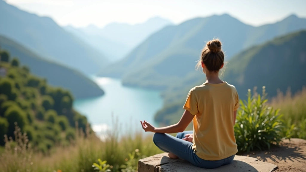 Femme en nature pendant le week-end, assise près d'un lac avec montagnes en arrière-plan
